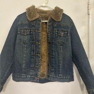 GAP Blue Denim Jacket with Brown Faux Fur Lining